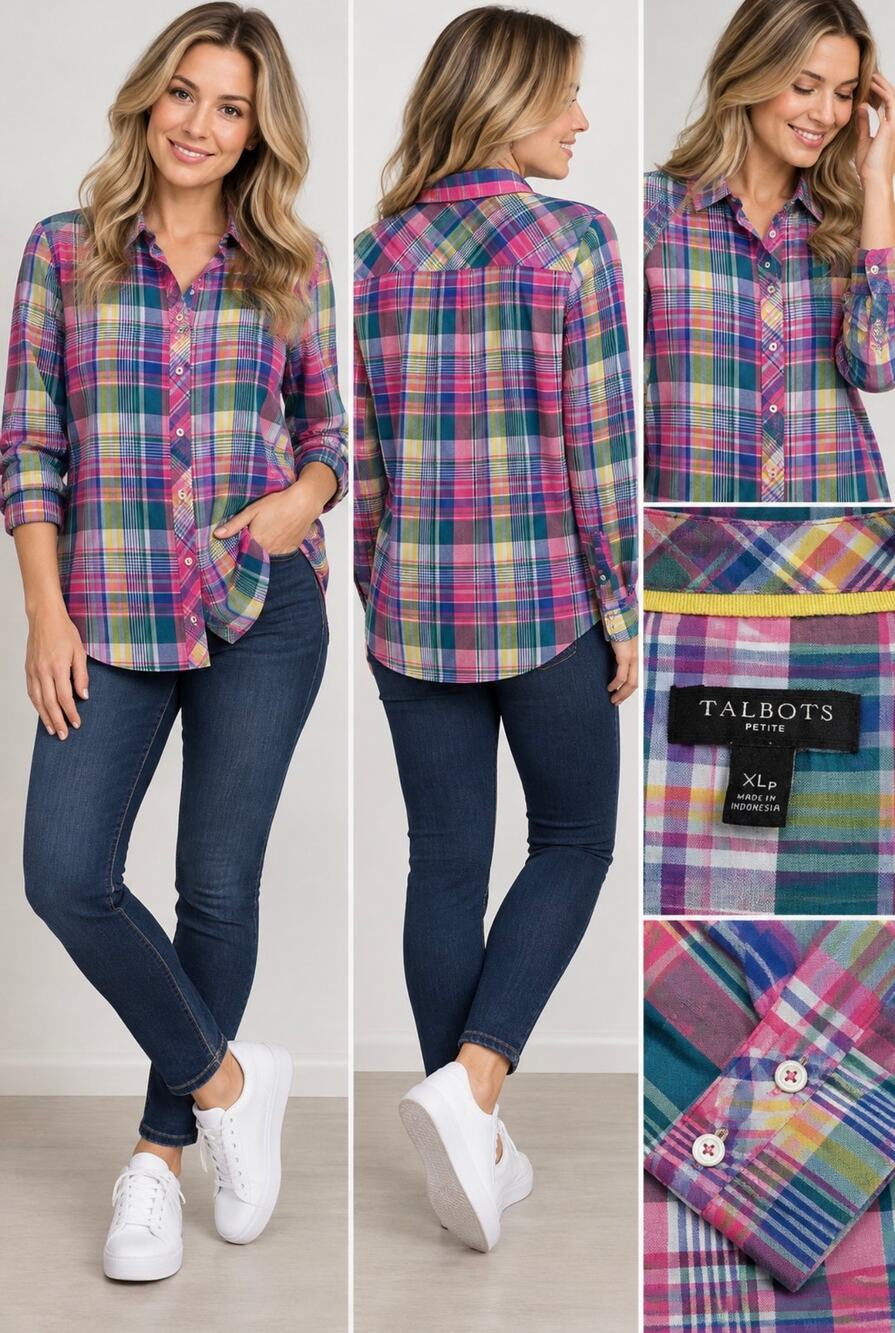 Talbots Petite XL Pink Madras Plaid Button Down Shirt Coastal Preppy Cotton